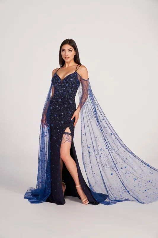 Ellie Wilde Long Star Cape Prom Dress EW34024 sold by Terry costa