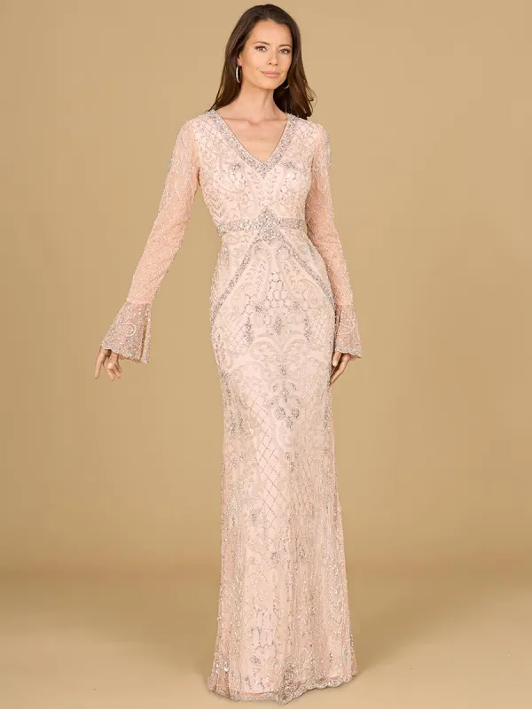 Lara Long Bell Sleeve V-Neck Beaded Evening Gown 29358 sold by Terry costa