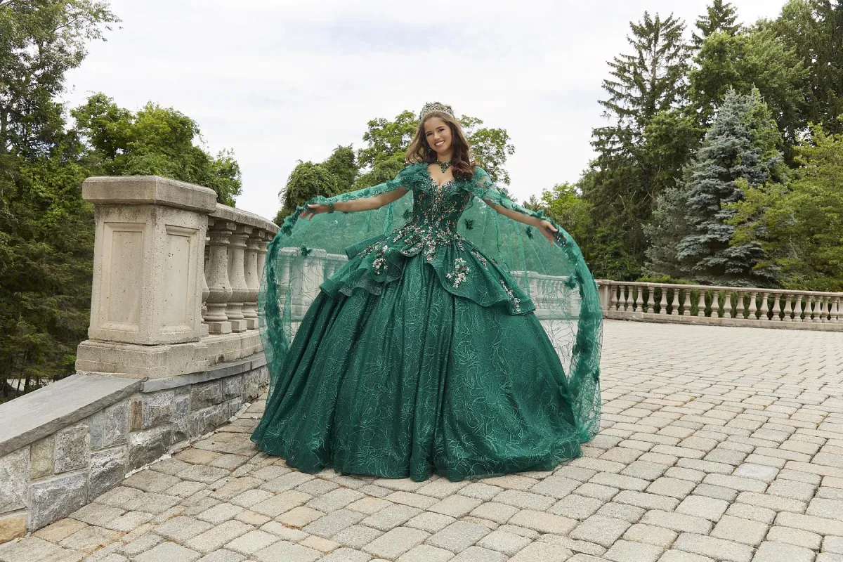 Vizcaya by Morilee Butterfly Glitter Quince Cape 89418 sold by Terry costa