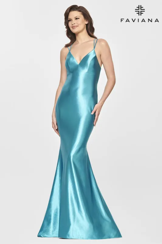 Faviana Long Satin V-Neck Prom Dress S10836 sold by Terry costa