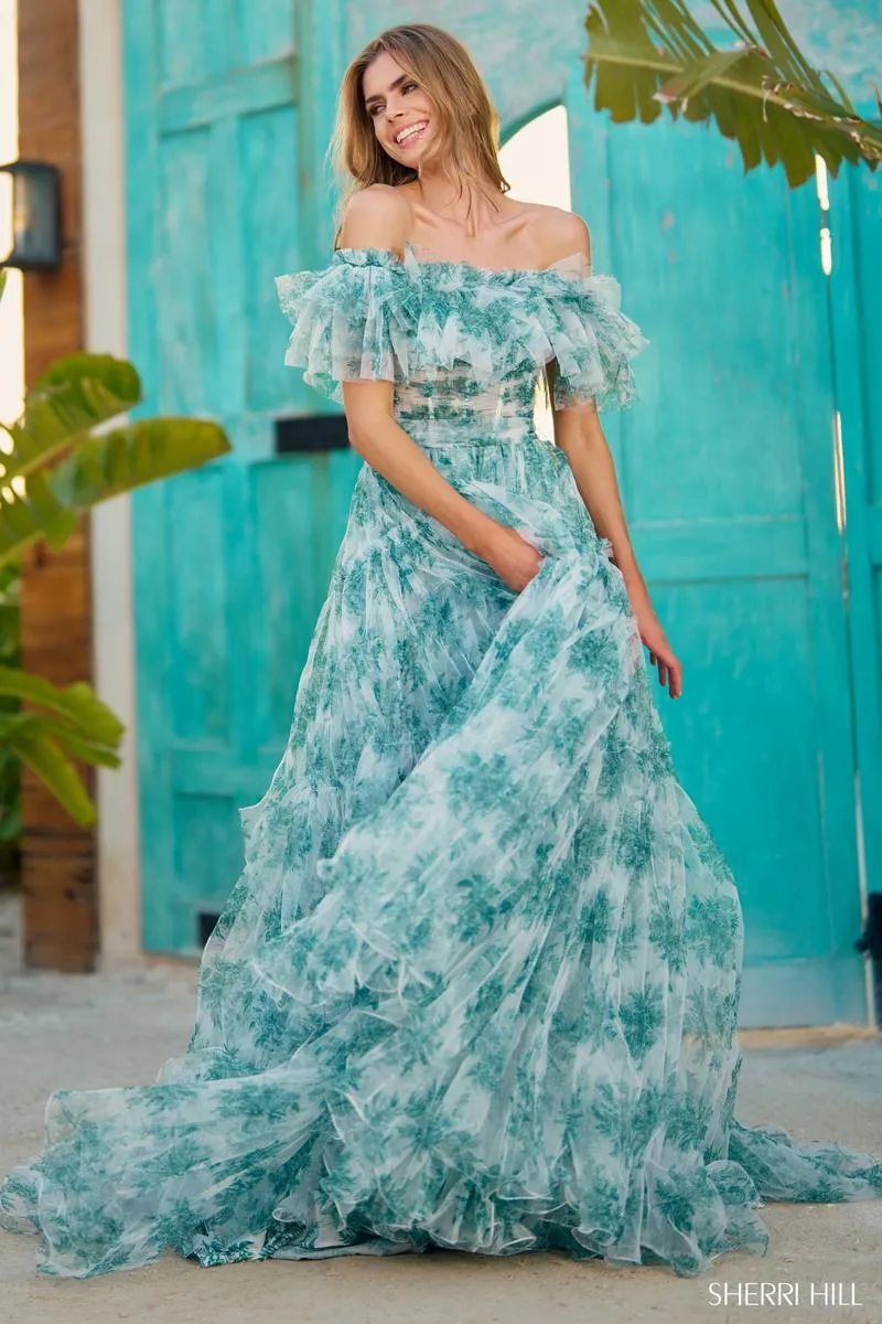 Sherri Hill Floral Off the Shoulder Ruffle Prom Dress 56128 sold by Terry costa product image thumbnail 3