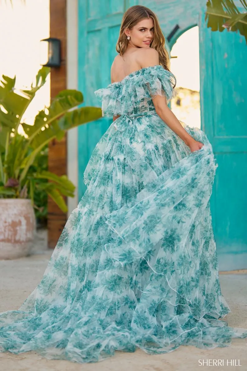 Sherri Hill Floral Off the Shoulder Ruffle Prom Dress 56128 sold by Terry costa product image thumbnail 2