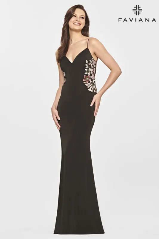 Faviana Long V-Neck Open Back Prom Dress S10859 sold by Terry costa