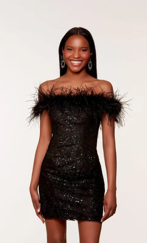Alyce Paris Off Shoulder Feather Short Dress 4649 sold by Terry costa