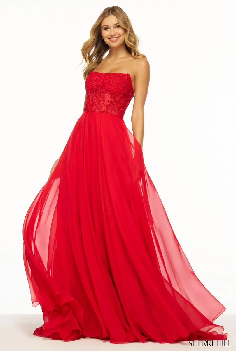 Sherri Hill Strapless Chiffon Lace Prom Dress 56088 sold by Terry costa product image thumbnail 5