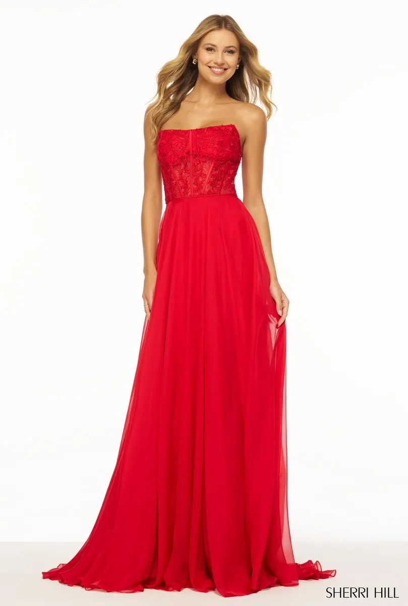 Sherri Hill Strapless Chiffon Lace Prom Dress 56088 sold by Terry costa product image thumbnail 3