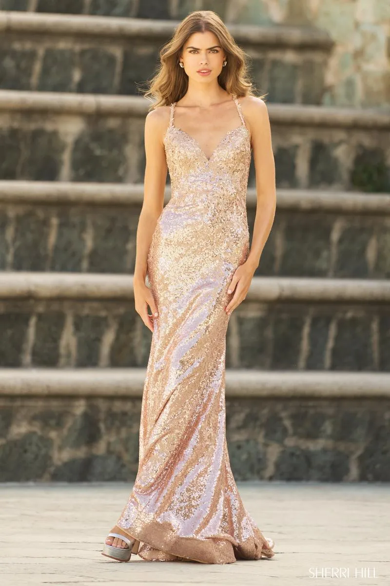 Sherri Hill Long Lace-up Sequin Prom Dress 55584 sold by Terry costa product image thumbnail 3