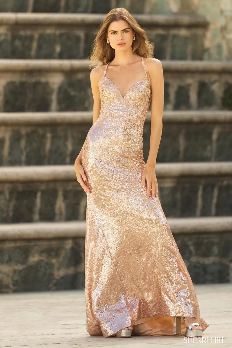 Sherri Hill Long Lace-up Sequin Prom Dress 55584 sold by Terry costa