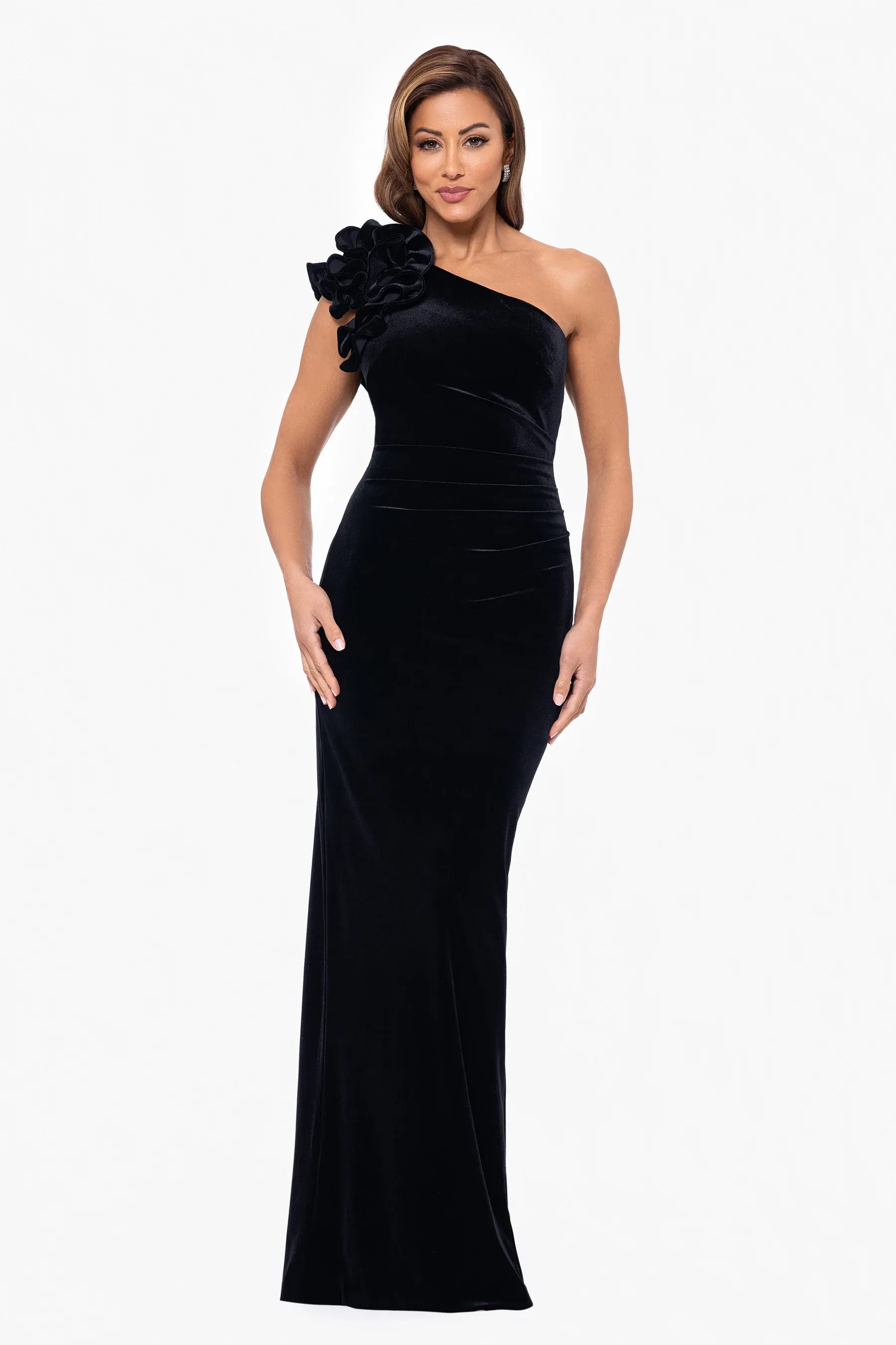 Xscape Evenings "Connie" One Shoulder Velvet Evening Gown 6547X sold by Terry costa