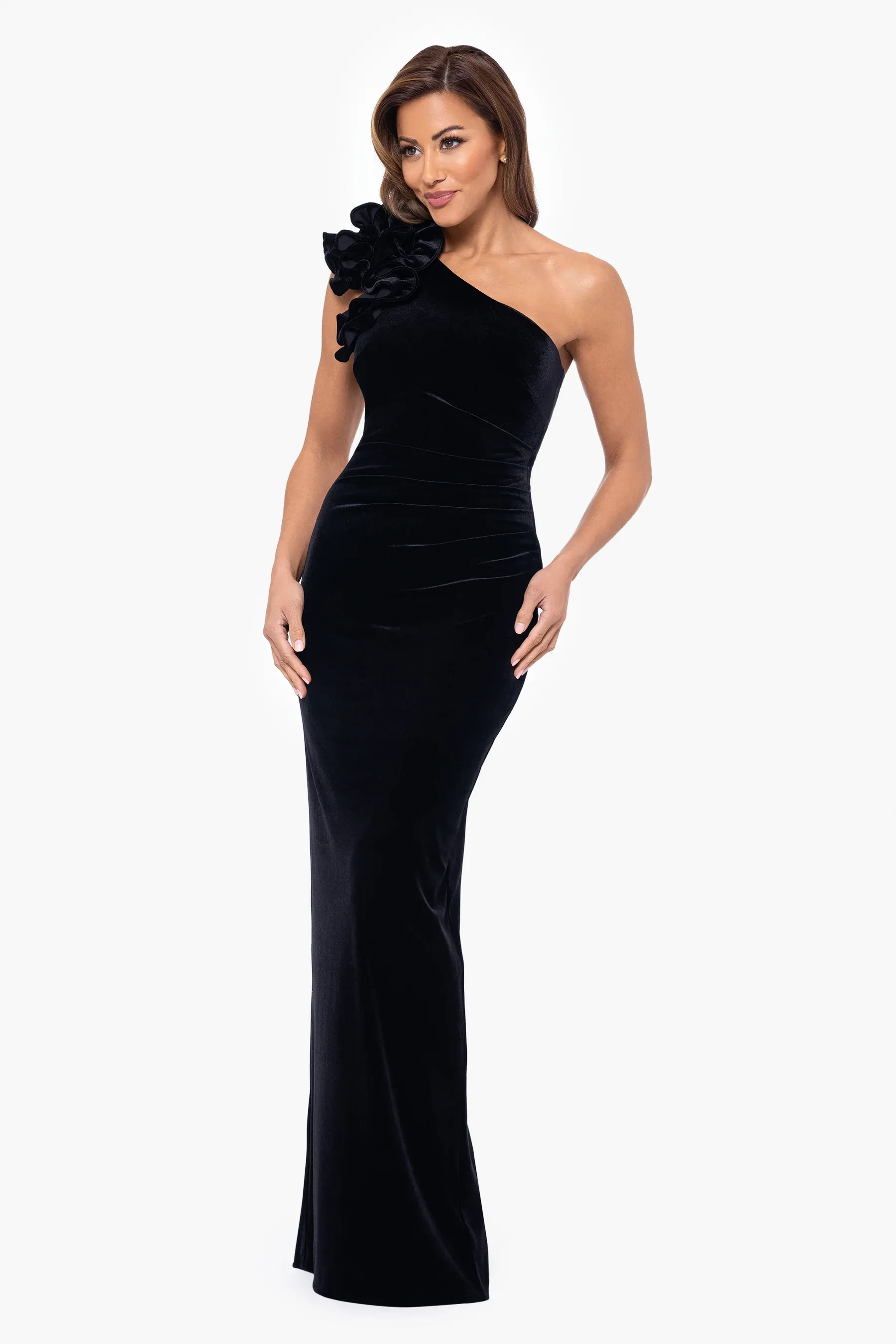 Xscape Evenings "Connie" One Shoulder Velvet Evening Gown 6547X sold by Terry costa product image thumbnail 3