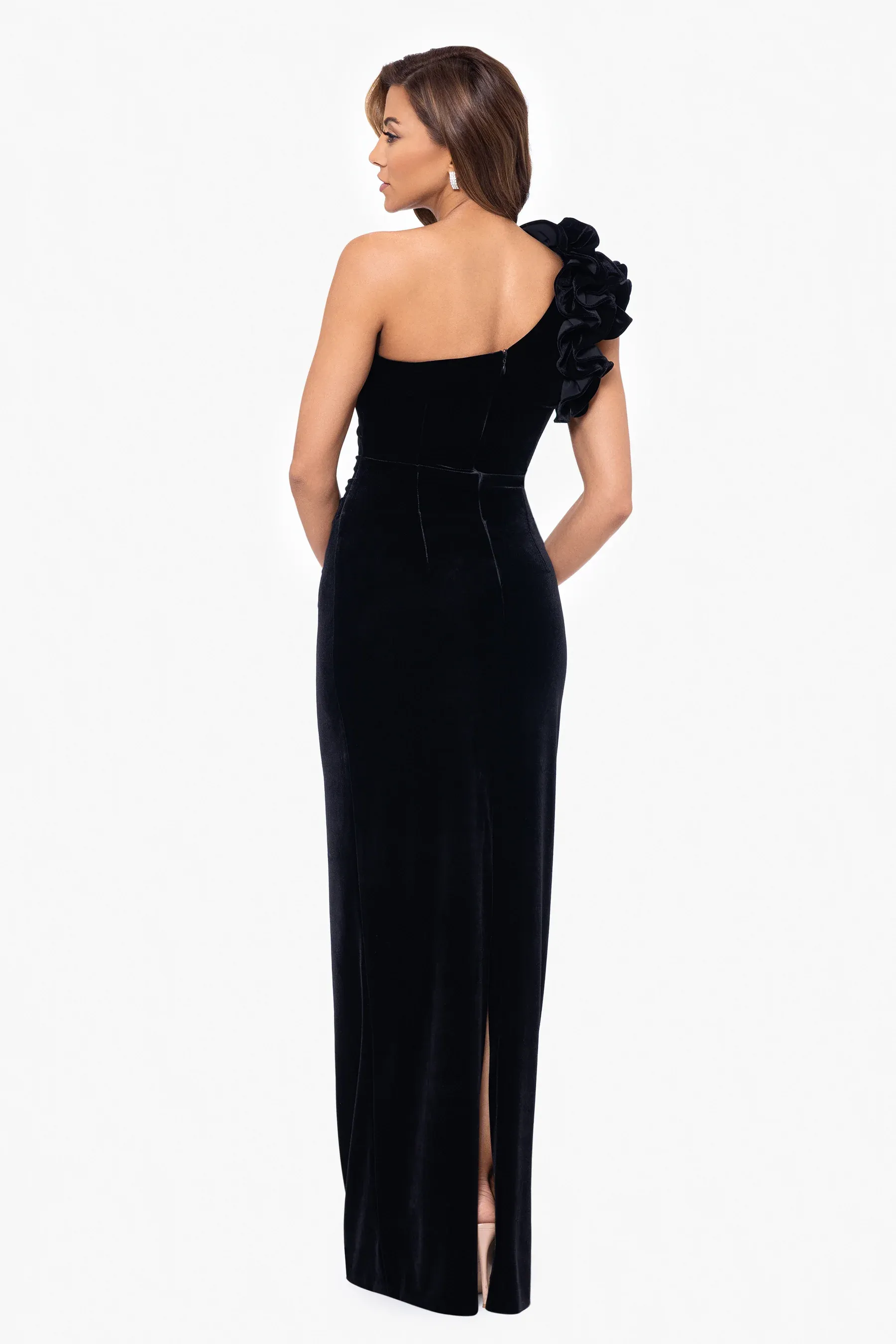Xscape Evenings "Connie" One Shoulder Velvet Evening Gown 6547X sold by Terry costa product image thumbnail 2