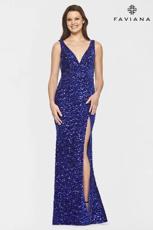 Faviana Long V-Neck Velvet Sequin Prom Dress S10820 sold by Terry costa