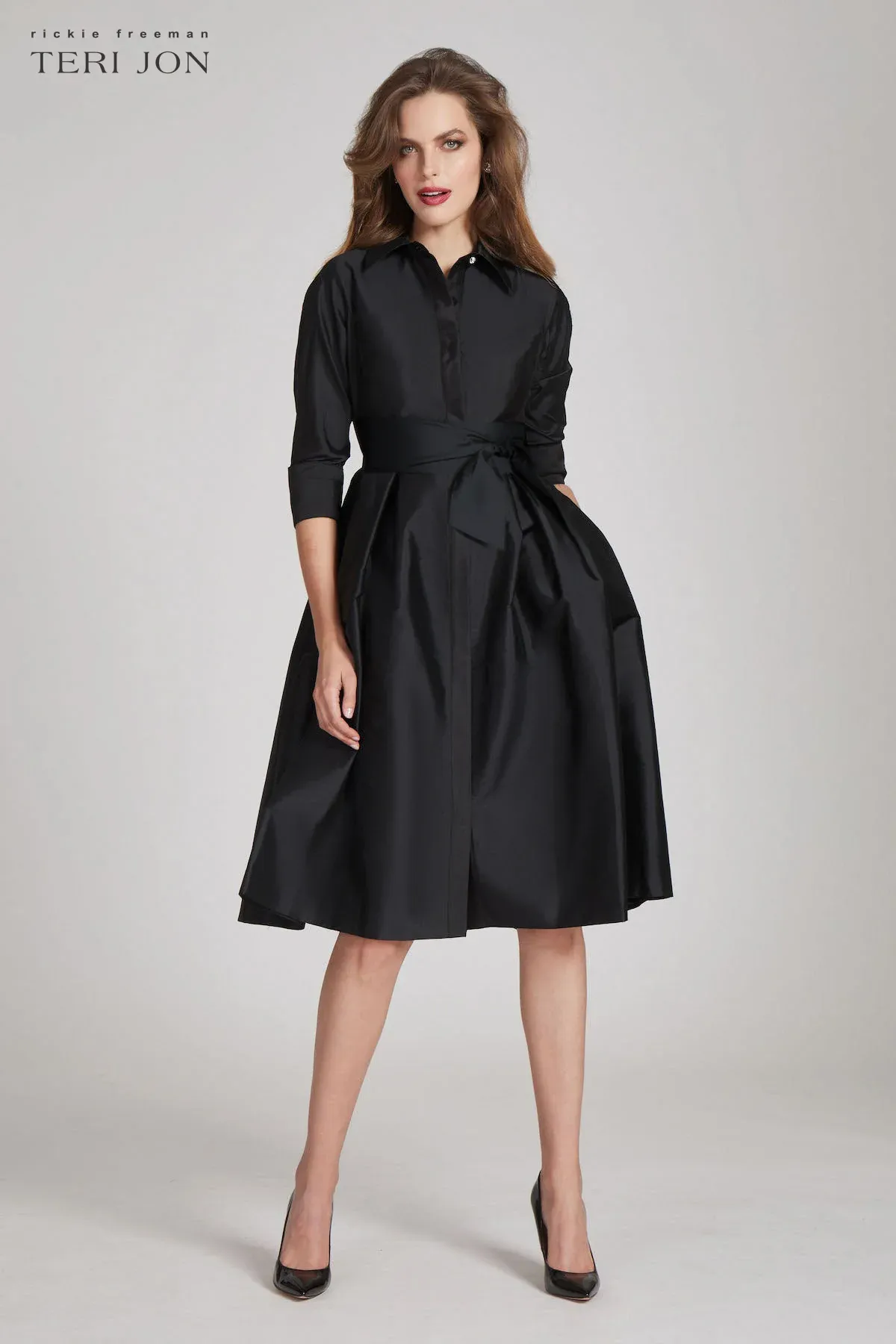 Teri Jon 3/4 Sleeve Belted Taffeta Shirtdress 69224 sold by Terry costa product image thumbnail 3