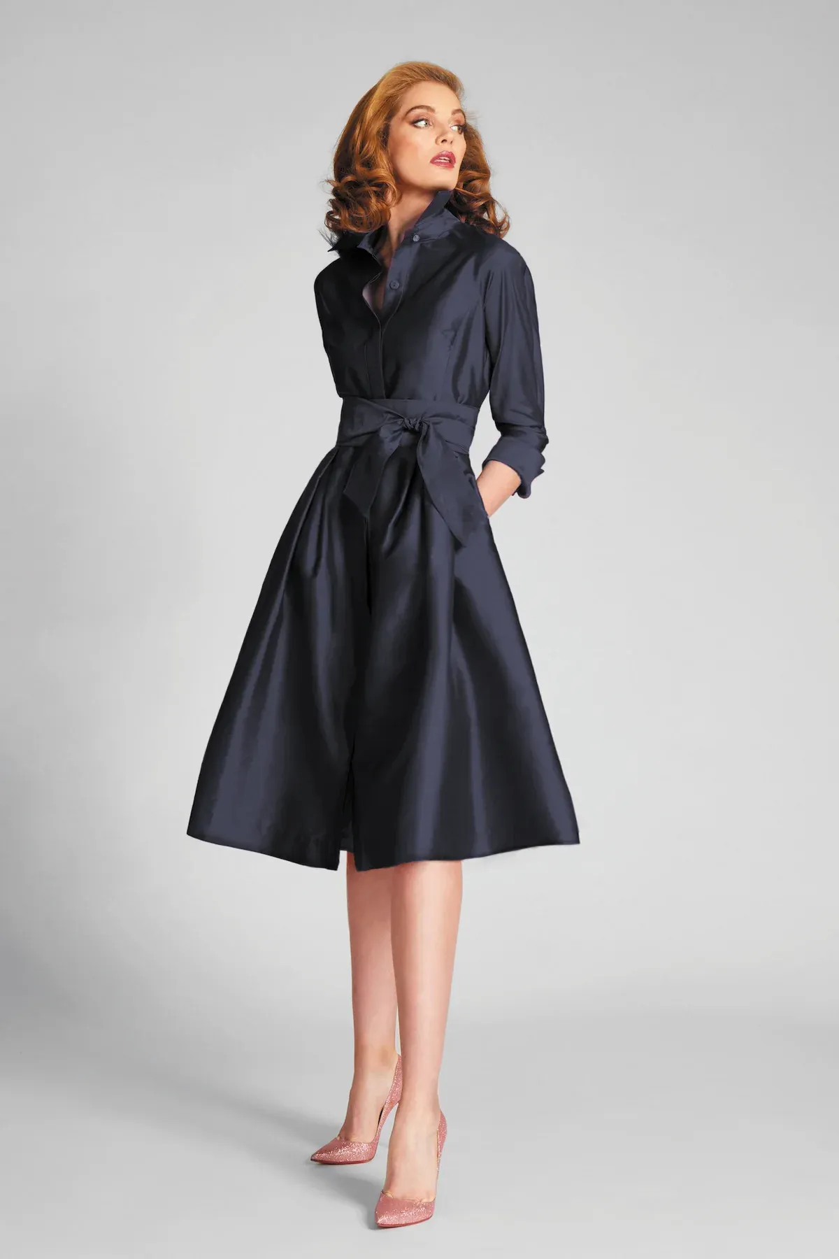 Teri Jon 3/4 Sleeve Belted Taffeta Shirtdress 69224 sold by Terry costa product image thumbnail 2
