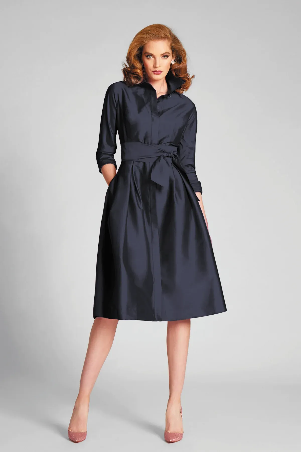 Teri Jon 3/4 Sleeve Belted Taffeta Shirtdress 69224 sold by Terry costa