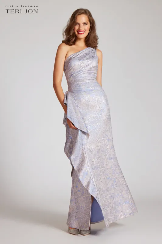 Teri Jon One Shoulder Side Ruffle Jacquard Gown 249095 sold by Terry costa