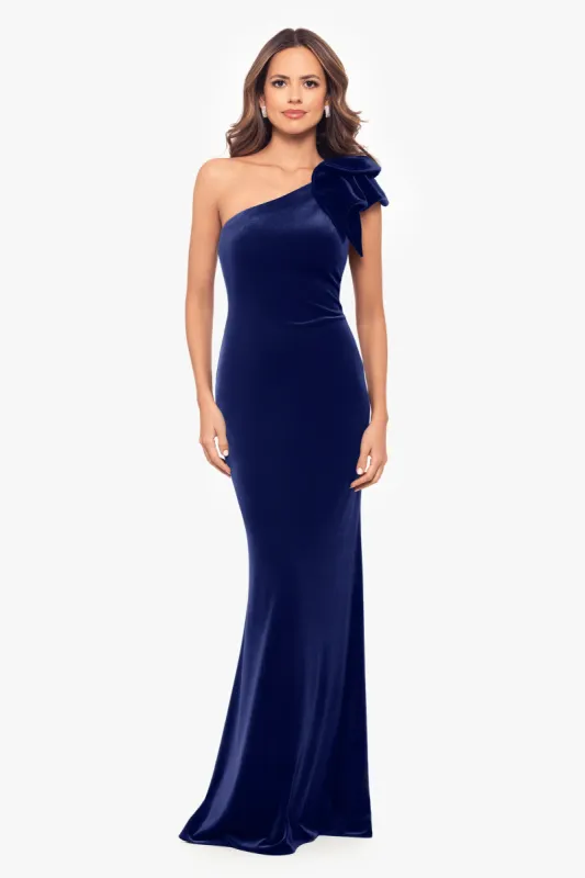 Betsy and Adam One Shoulder Velvet "Taylor" Dress A26707 sold by Terry costa