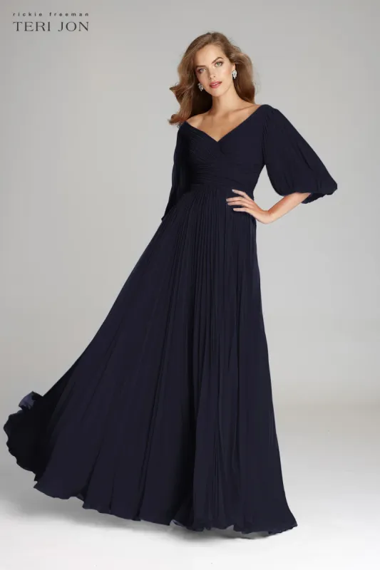 Teri Jon Pleated Chiffon Puff Sleeve Evening Dress 209098 sold by Terry costa