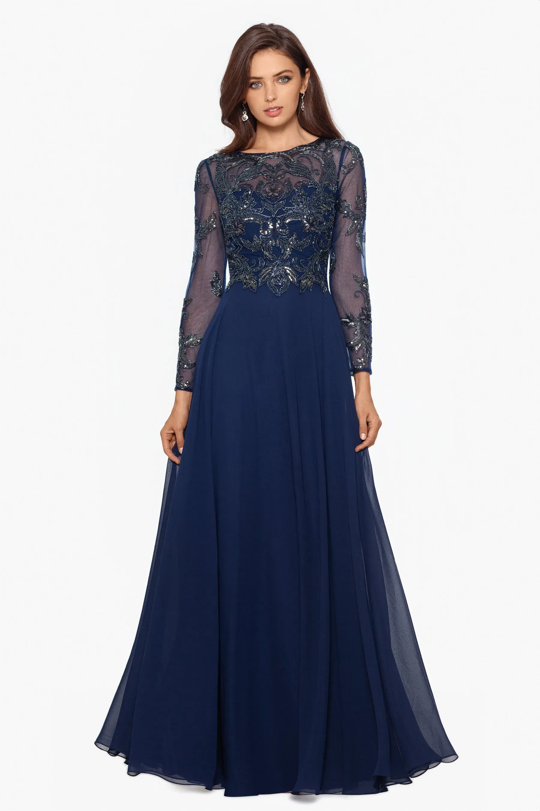 Xscape Evenings "Mason" Long Sleeve Beaded Chiffon Evening Dress 3174X sold by Terry costa