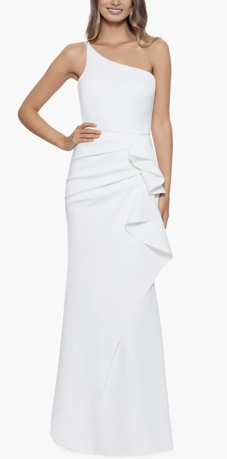 Xscape Evenings One-Shoulder Ruffled Long Fit & Flare Dress 4795X sold by Terry costa