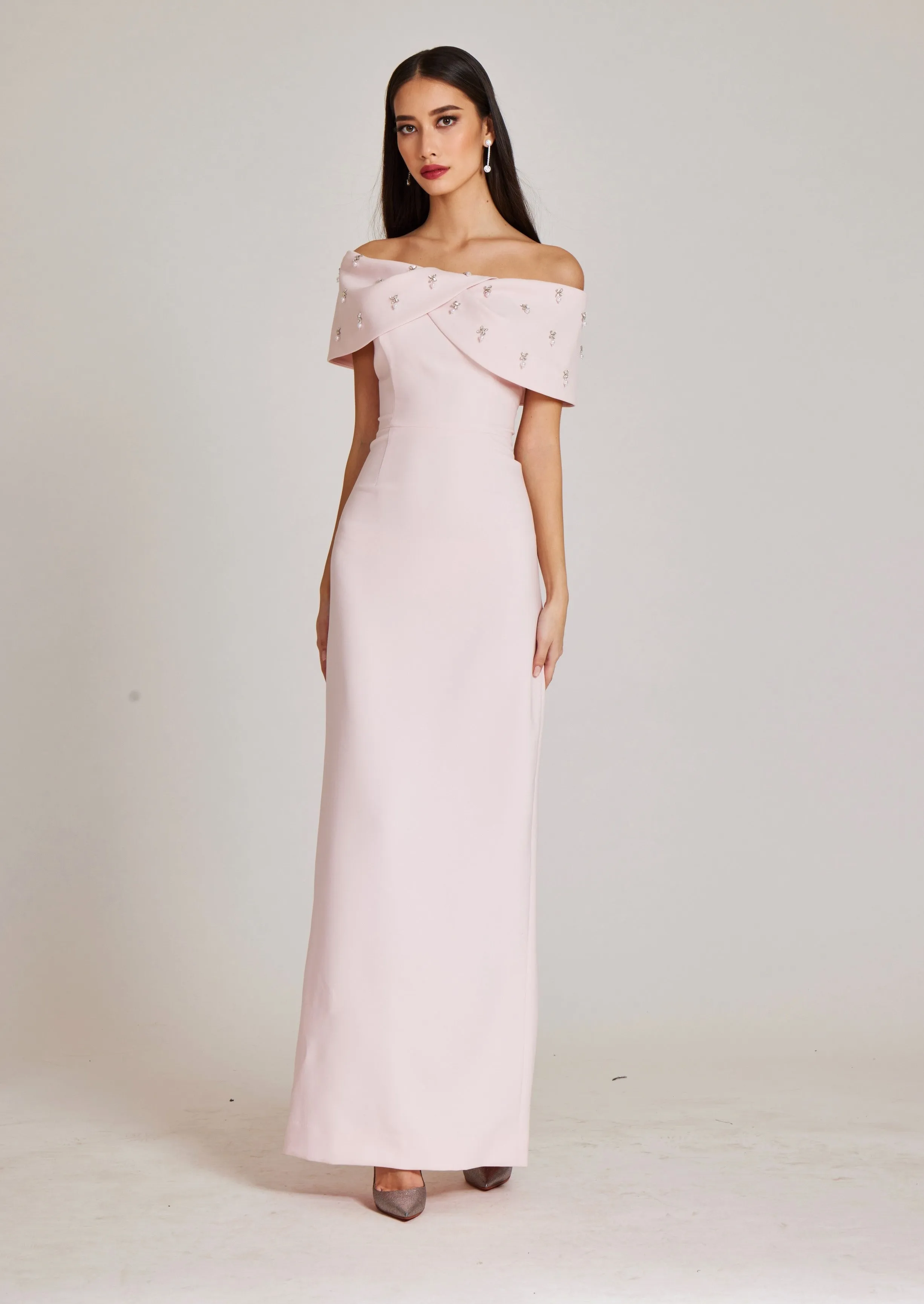 Teri Jon Crepe Off The Shoulder Jewel Trim Portrait Column Gown 239069 sold by Terry costa product image thumbnail 3