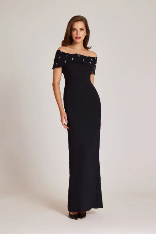 Teri Jon Crepe Off The Shoulder Jewel Trim Portrait Column Gown 239069 sold by Terry costa