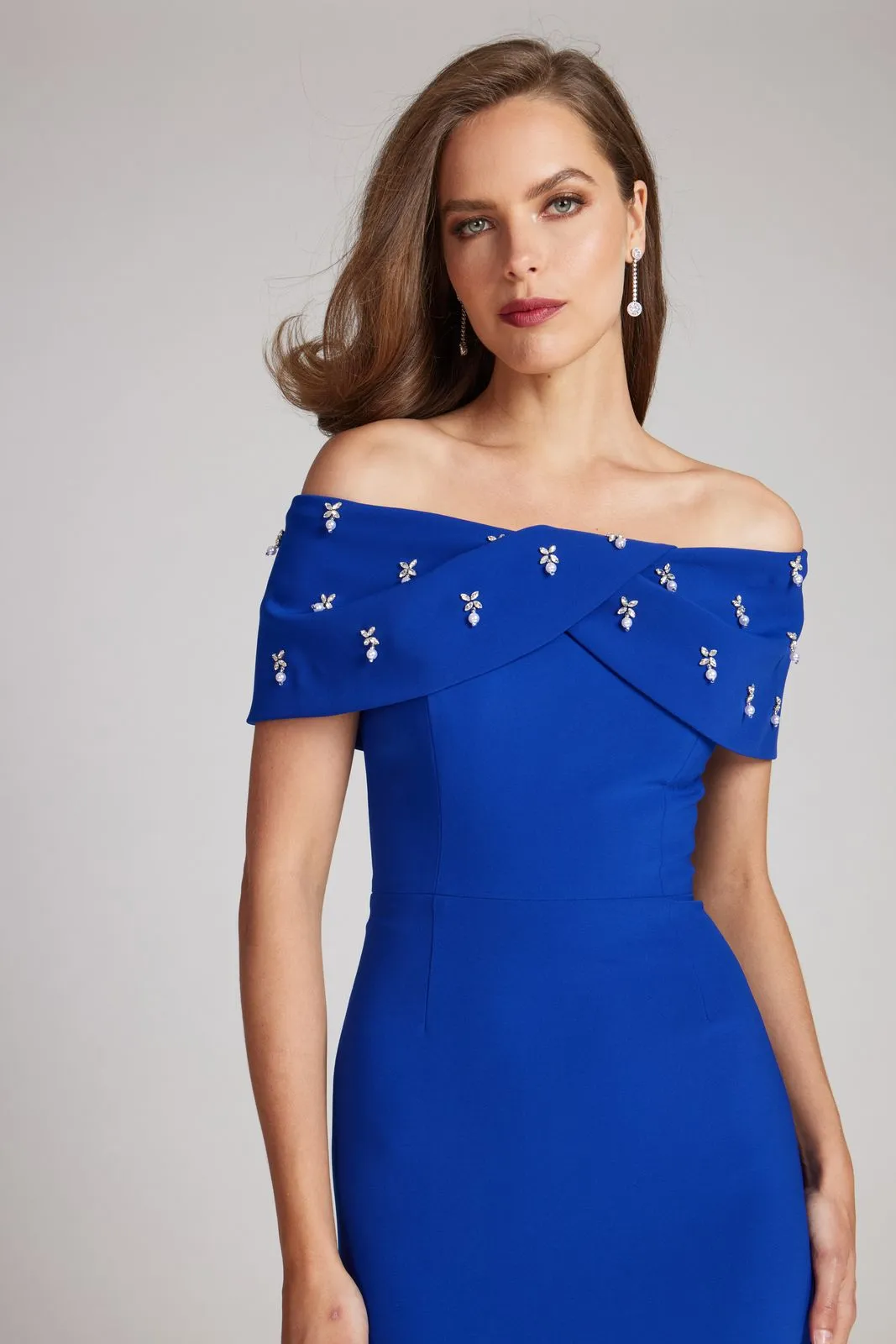 Teri Jon Crepe Off The Shoulder Jewel Trim Portrait Column Gown 239069 sold by Terry costa product image thumbnail 5