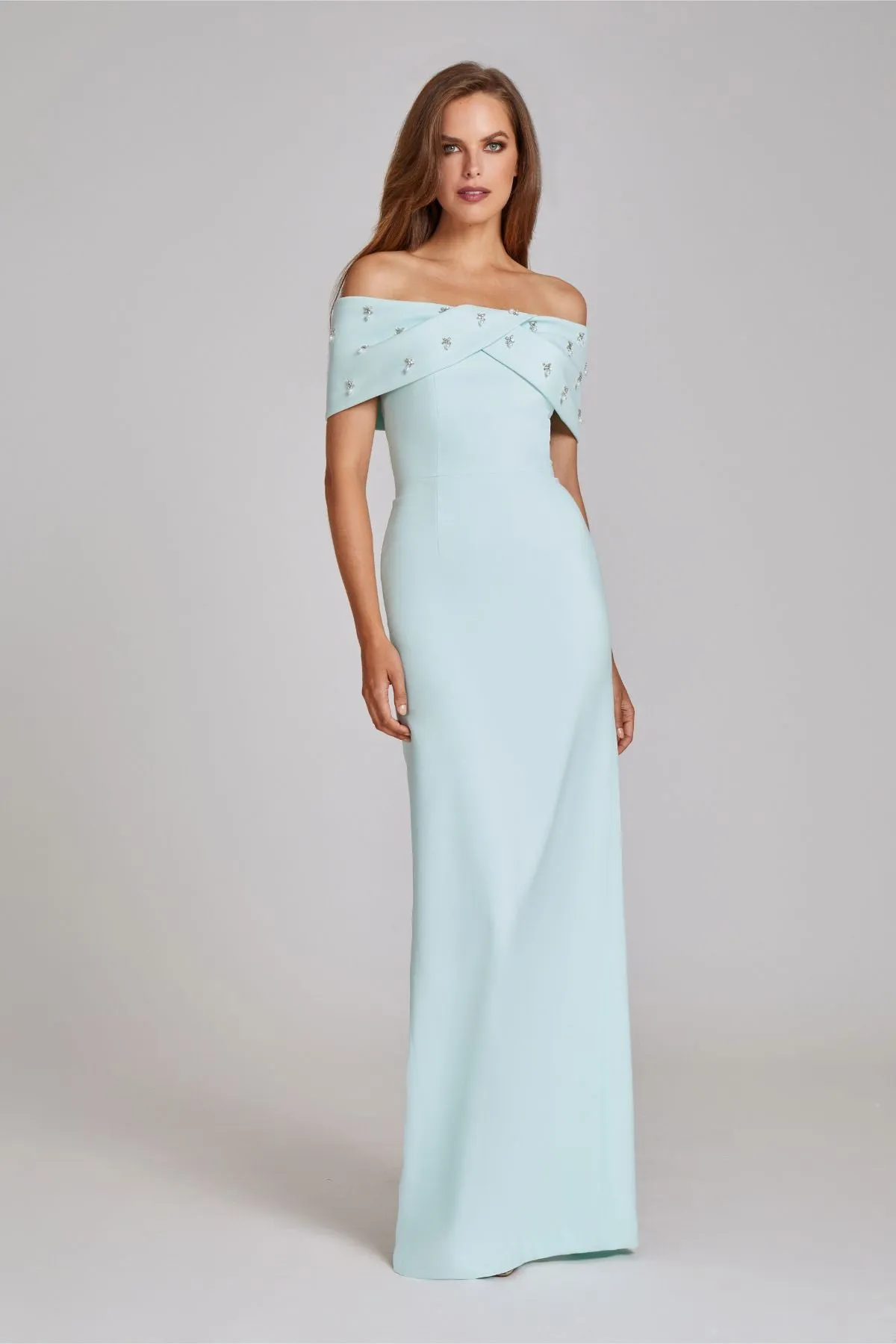 Teri Jon Crepe Off The Shoulder Jewel Trim Portrait Column Gown 239069 sold by Terry costa product image thumbnail 2