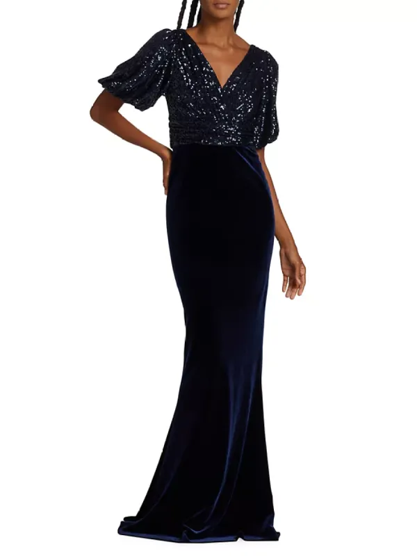 Teri Jon Velvet Sequined Short-Sleeve Gown 227300 sold by Terry costa