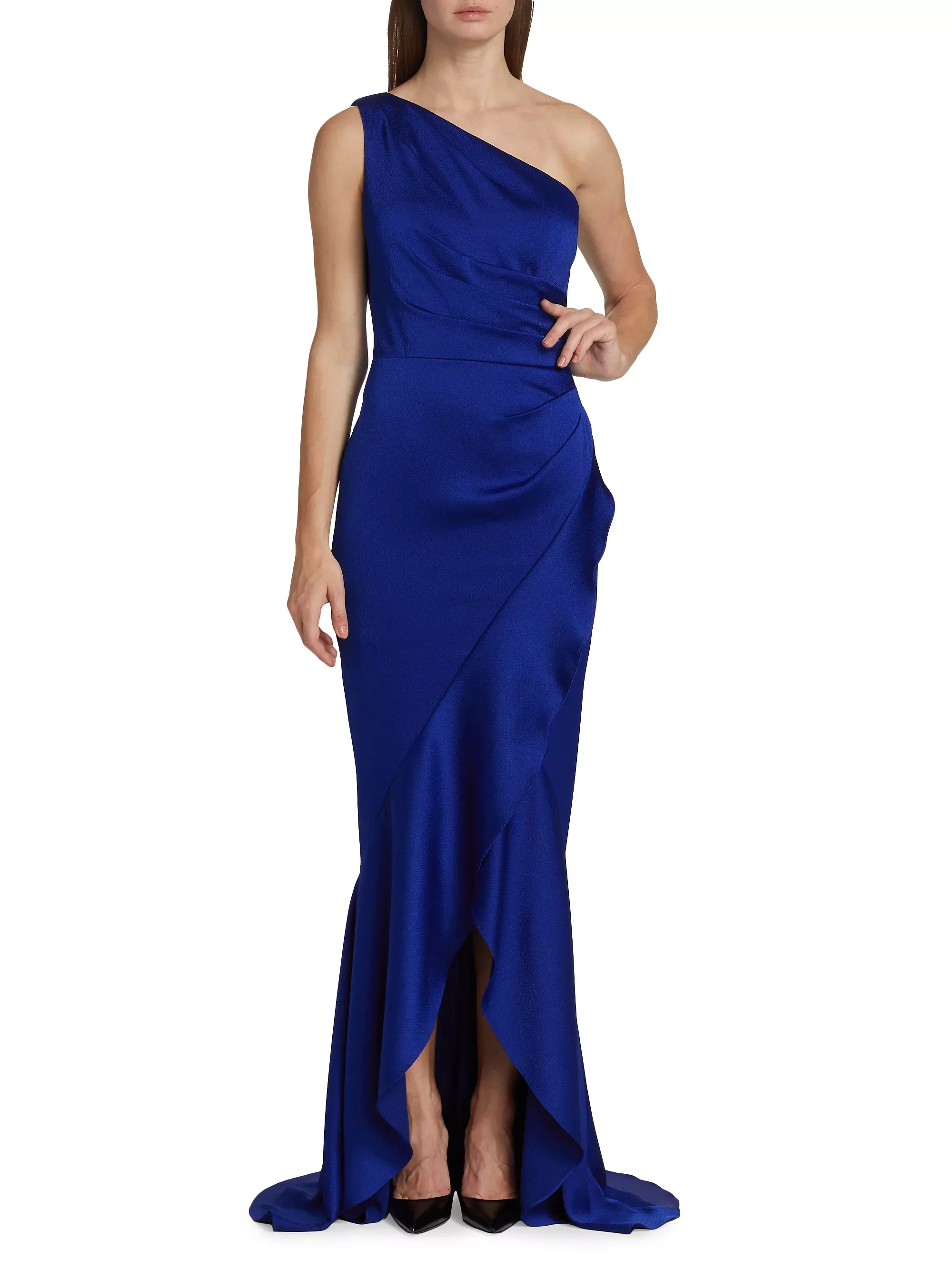 Teri Jon Asymmetric Hammered Satin Gown 227011 sold by Terry costa