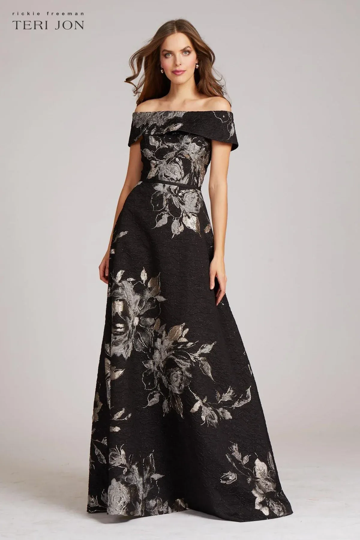 Teri Jon Floral Jacquard Off the Shoulder Gown 217048 sold by Terry costa