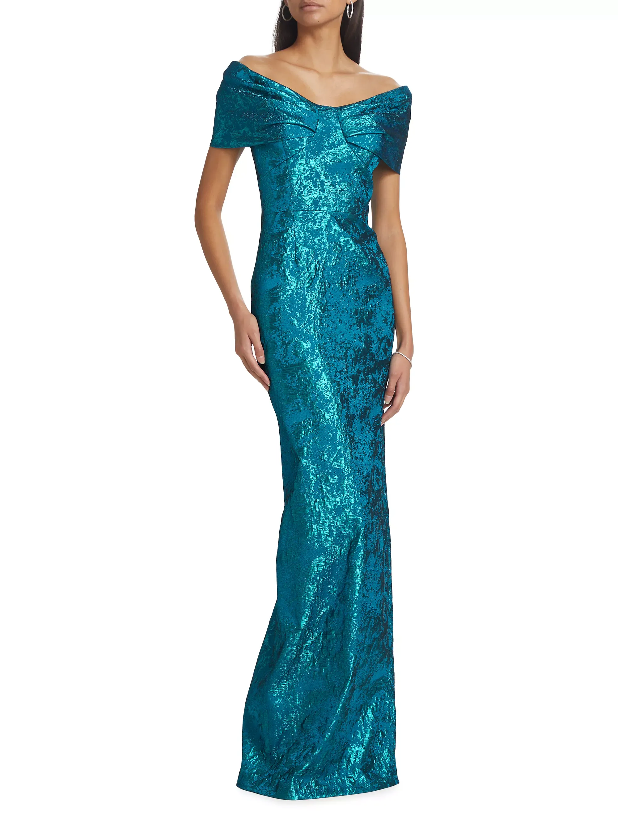 Teri Jon Metallic Jacquard Off-the-Shoulder Gown 237003 sold by Terry costa