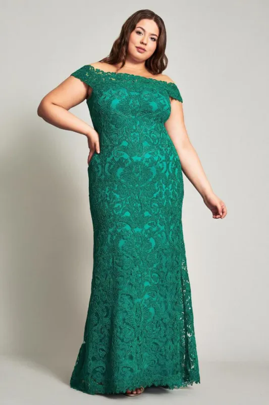 Tadashi Shoji Lace Dupre Off-The-Shoulder Gown ALX17021L sold by Terry costa