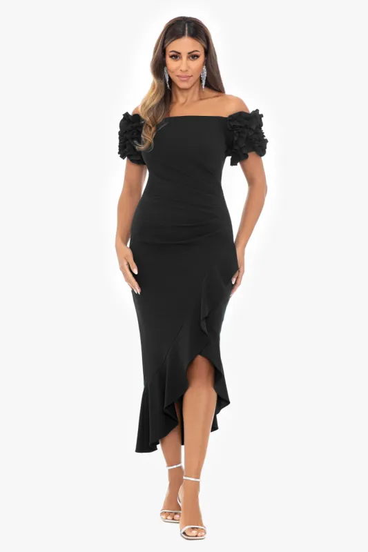Xscape Evenings "Loretta" Scuba Crepe Off the Shoulder Ruffle Sleeve Midi Dress 5997X sold by Terry costa