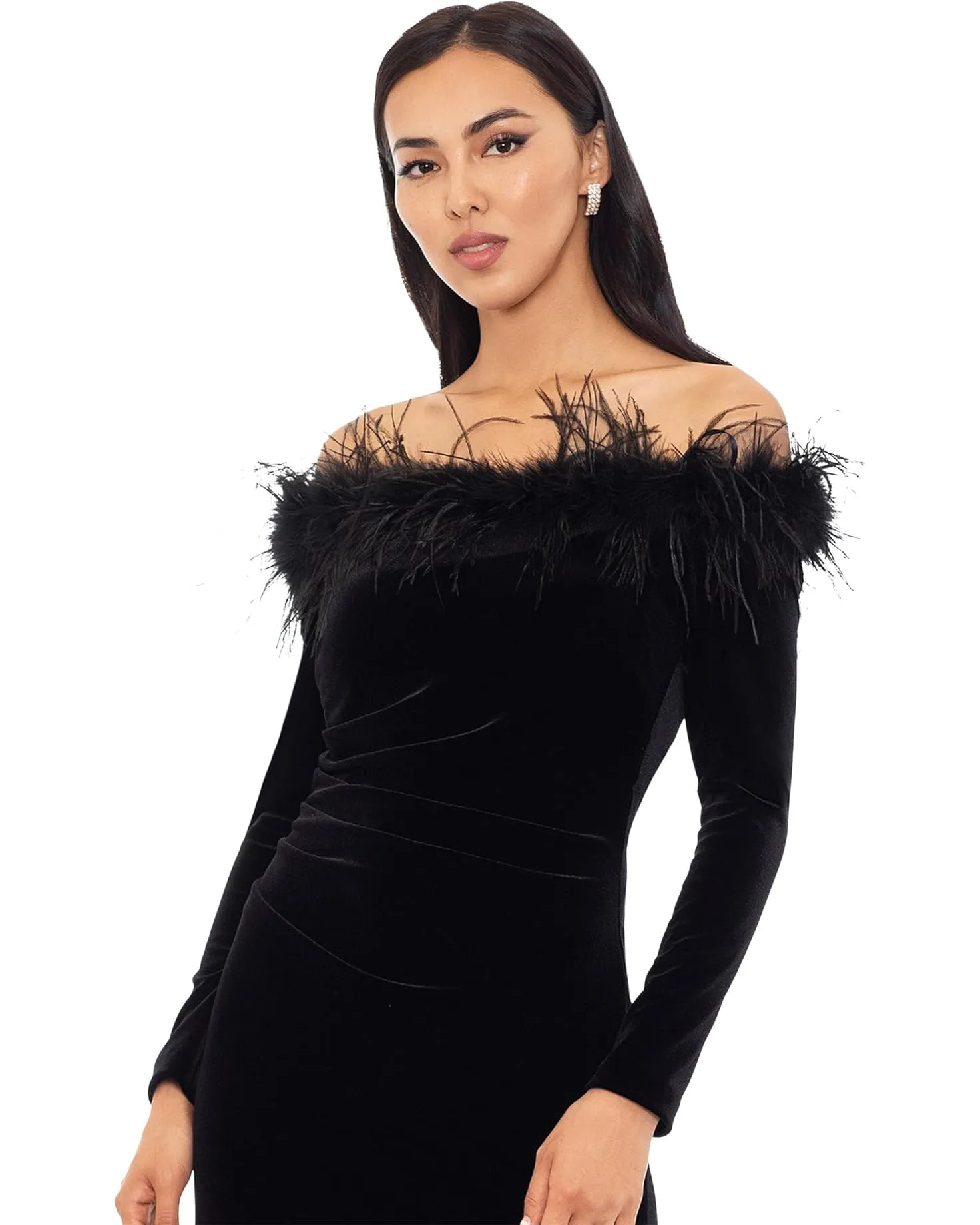 Xscape Evenings Off the Shoulder Long Sleeve Velvet Evening Gown with Feathers 5809X sold by Terry costa product image thumbnail 3