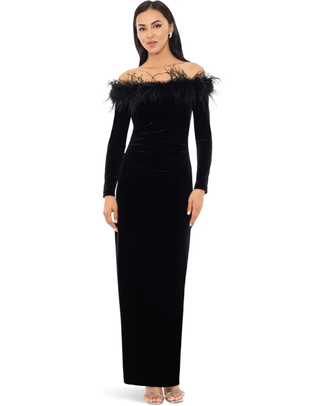 Xscape Evenings Off the Shoulder Long Sleeve Velvet Evening Gown with Feathers 5809X sold by Terry costa