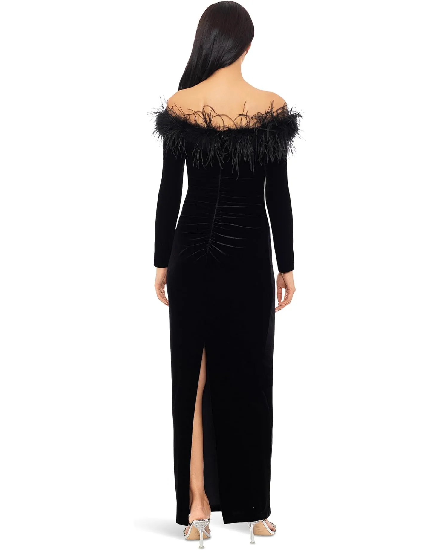 Xscape Evenings Off the Shoulder Long Sleeve Velvet Evening Gown with Feathers 5809X sold by Terry costa product image thumbnail 2