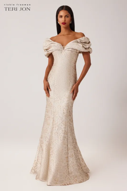 Teri Jon Off The Shoulder Jacquard Evening Gown 247061 sold by Terry costa