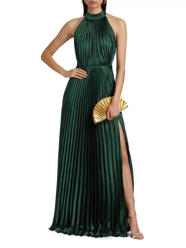 Monique Lhuillier "Jacqueline" Satin Pleated Halter Gown 44112208 sold by Terry costa
