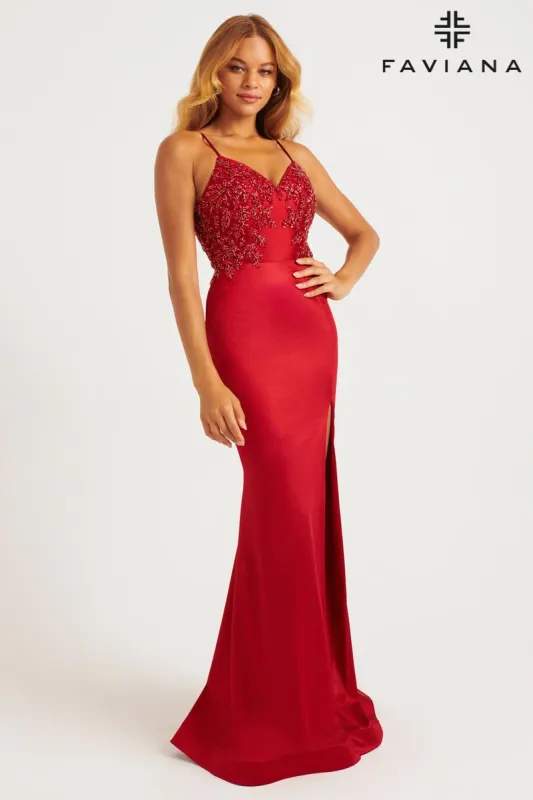 Faviana Satin V-Neck Low Back Prom Dress 11256 sold by Terry costa