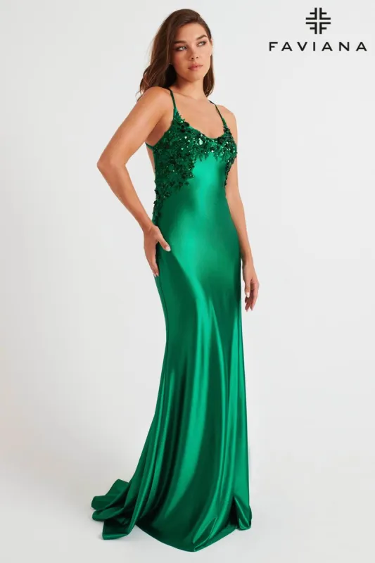 Faviana Tight Satin Open Back Prom Dress 11247 sold by Terry costa