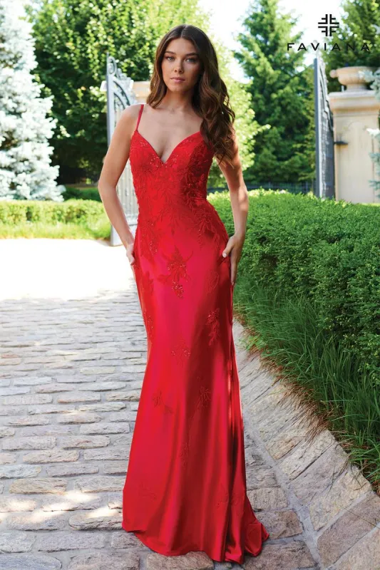 Faviana V-Neck Satin Lace Prom Dress 11245 sold by Terry costa