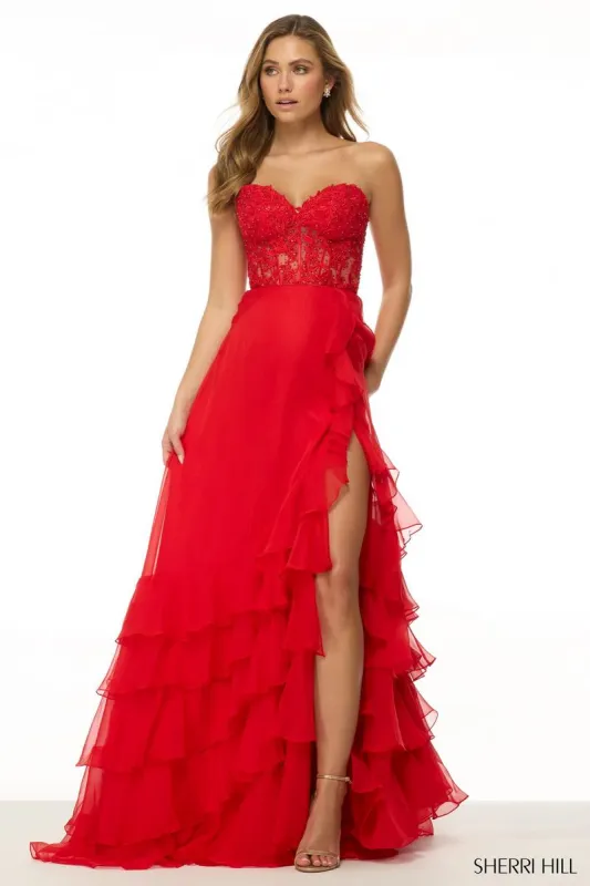 Sherri Hill Illusion Side Slit Ruffle Prom Dress 57129 sold by Terry costa
