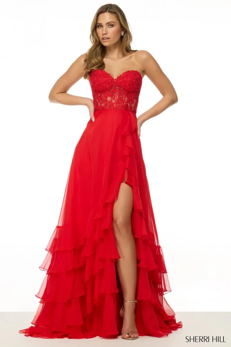 Sherri Hill Illusion Side Slit Ruffle Prom Dress 57129 sold by Terry costa product image thumbnail 3