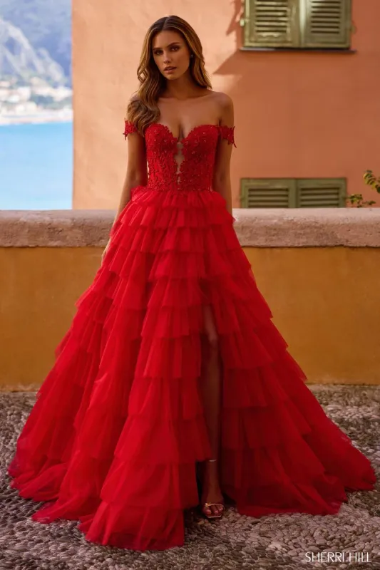 Sherri Hill Lace Corset Ruffle Prom Dress 57120 sold by Terry costa