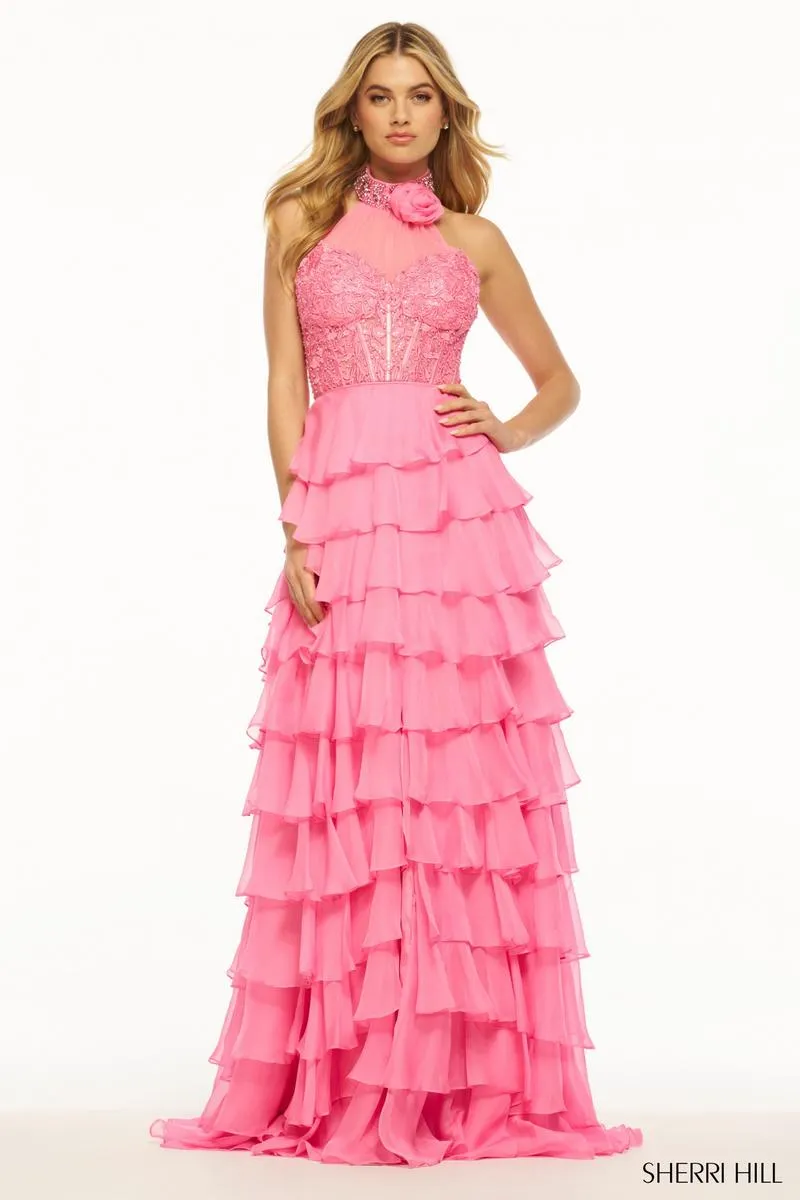 Sherri Hill Tiered Chiffon Beaded Choker Prom Dress 56083 sold by Terry costa product image thumbnail 3