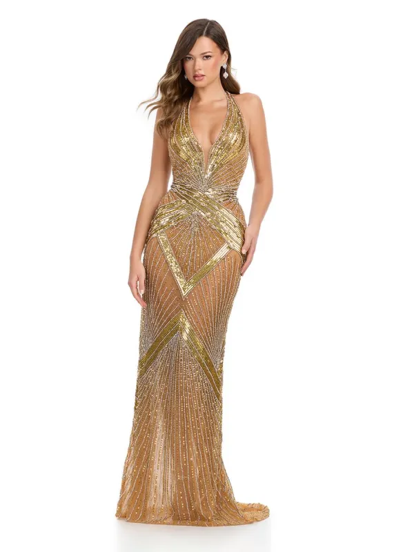 ASHLEYlauren Halter Beaded Illusion Prom Dress 11956 sold by Terry costa
