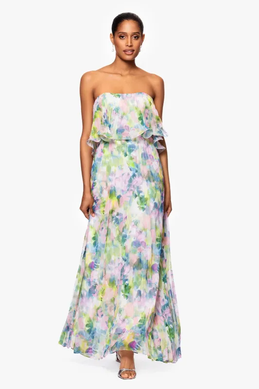 Betsy and Adam "Enid" Strapless Floral Chiffon Dress A27018 sold by Terry costa