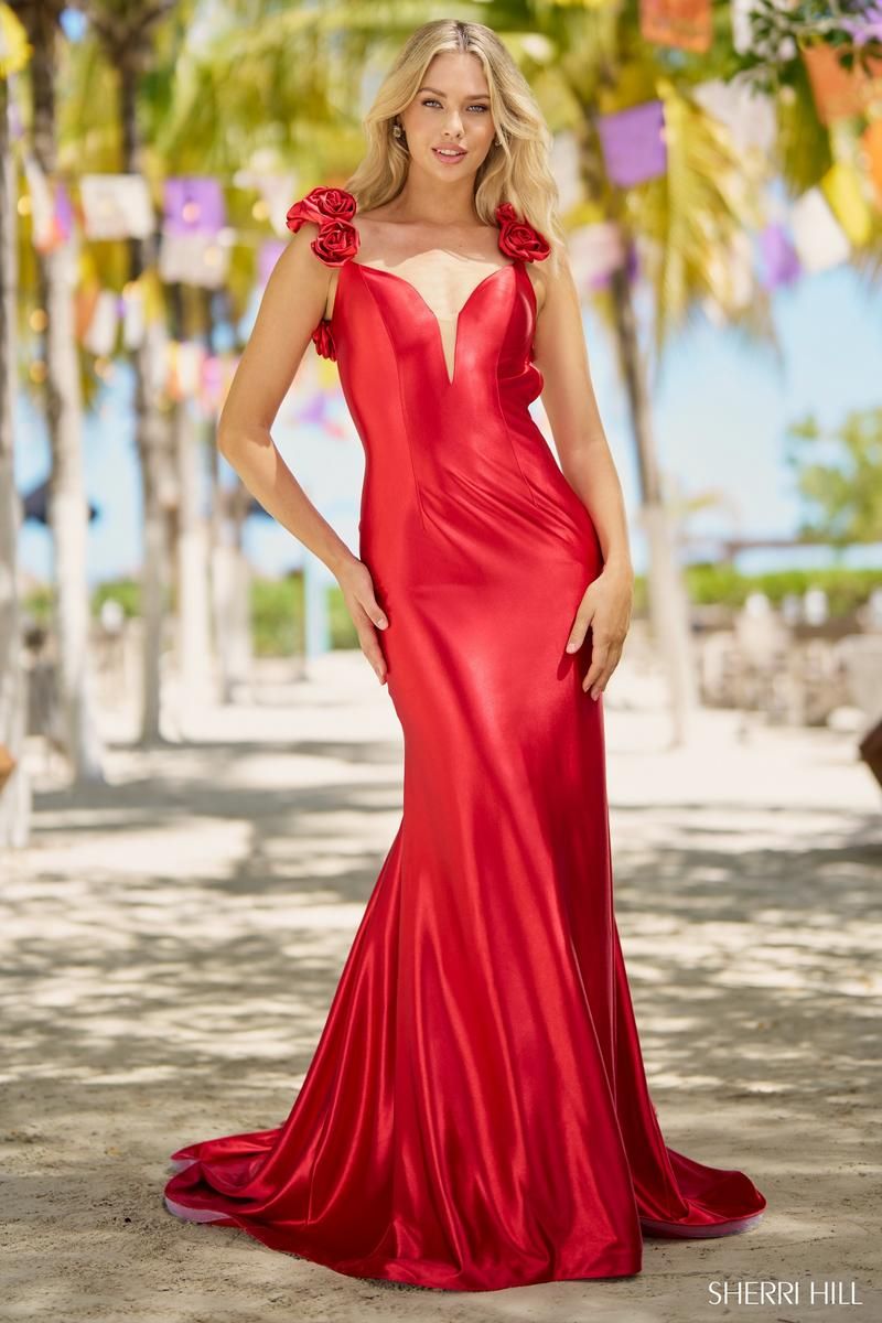 Sherri Hill Long Satin Rose Strap Prom Dress 56185 sold by Terry costa