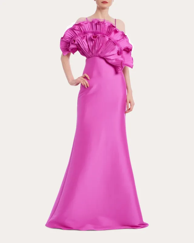 Badgley Mischka Pleated Ruffle Fan Flared Mikado Gown EG4416 sold by Terry costa
